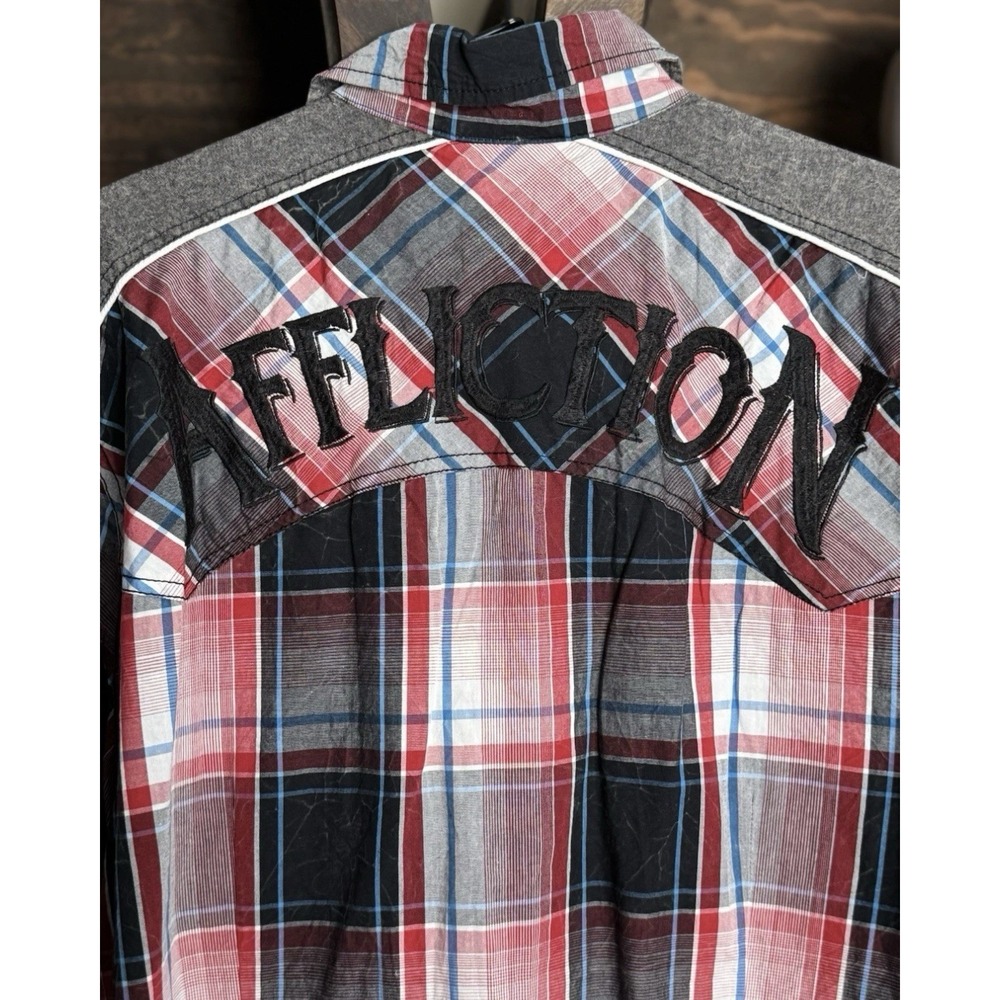 Affliction Black Premium Men's L Western Red Plaid Pearl Snap Shirt Embroidered - Picture 7 of 8